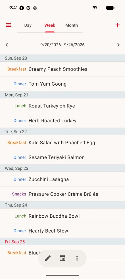 The meal planner on Android in week view: the Day, Week and Month tabs and add button at the top, the week navigation, meals grouped by day with their meal type, and the select, today and actions buttons at the bottom.