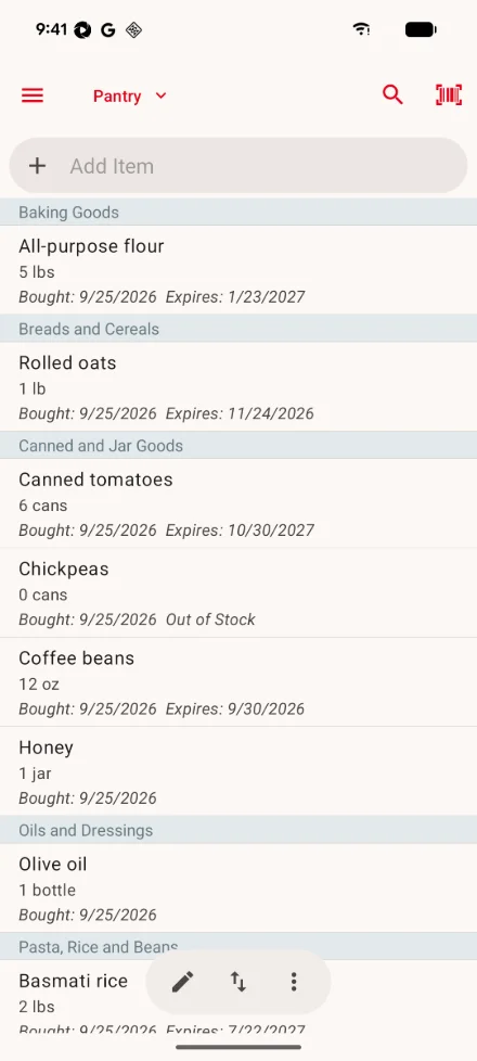 The pantry on Android: the location picker, search and barcode buttons at the top, the add item field, items grouped by aisle with quantities and dates, one out of stock, and the edit, sort and actions buttons at the bottom.