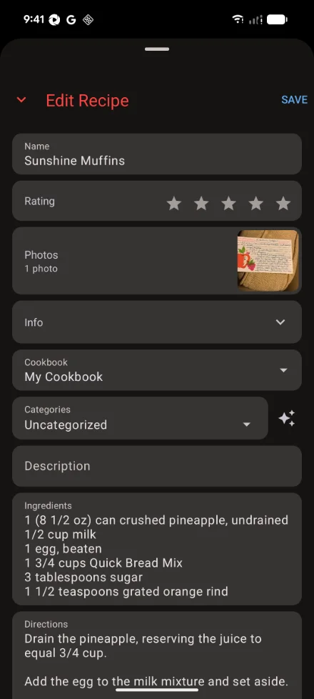 A scanned handwritten recipe card on Android: the Edit Recipe form with the save button at the top, the card's photo in the Photos row, and the name, ingredients and directions filled in from the scan.