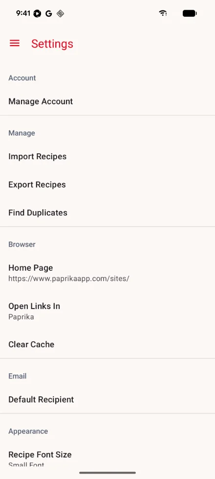 The Settings screen on Android: the menu button at the top, Manage Account under Account, Import Recipes, Export Recipes and Find Duplicates under Manage, the Browser settings, and Email.