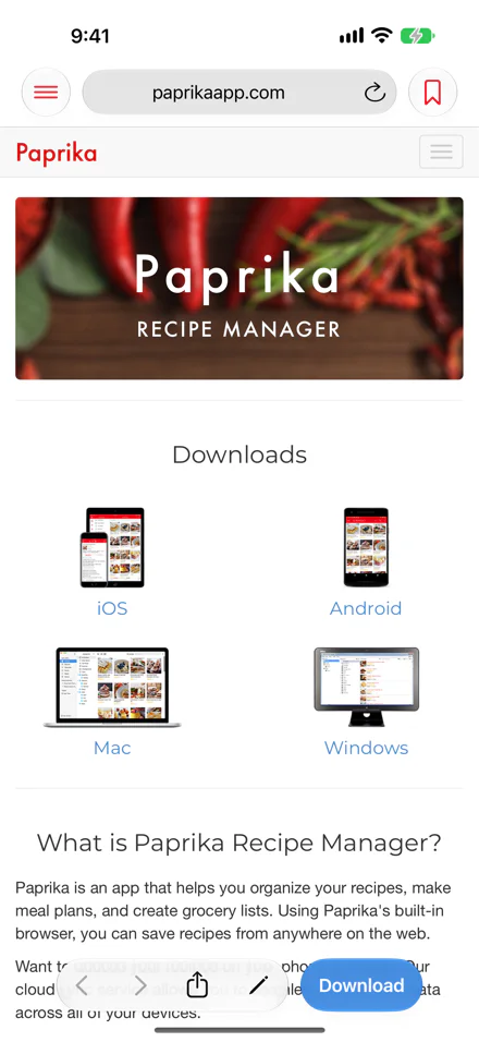The built-in browser on iPhone showing a web page: the address bar and bookmarks button at the top, and the back, forward, share and clipboard tools buttons and the Download button at the bottom.