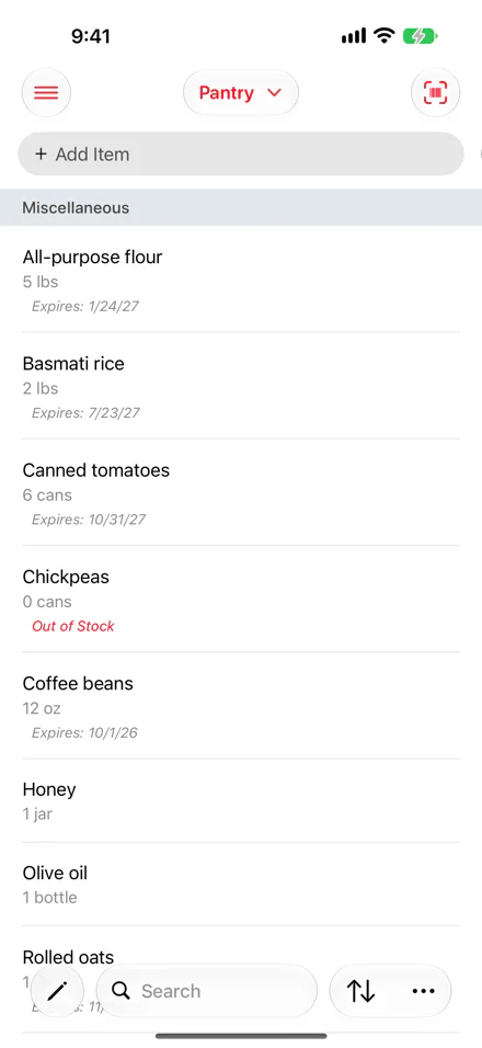 The pantry on iPhone: the location picker and barcode button at the top, the add item field, items with quantities and expiry dates, one out of stock, and the edit, search, sort and actions buttons at the bottom.