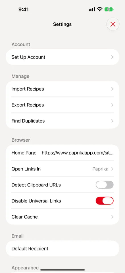 The Settings screen on iPhone: the Account group, then Import Recipes, Export Recipes and Find Duplicates, the Browser settings, and Email, with the close button at the top.