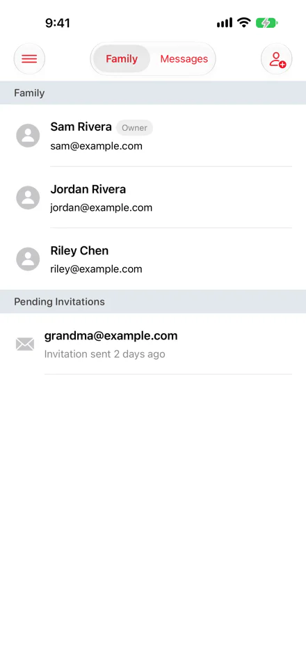 The Sharing screen on iPhone: the Family and Messages switch and the add member button at the top, family members below, and a pending invitation.
