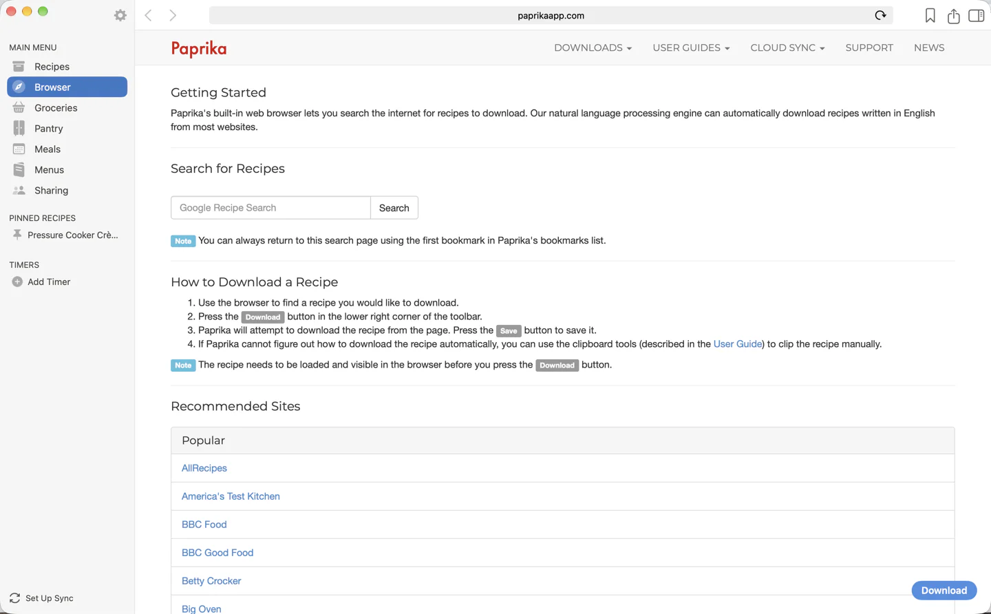 The built-in browser on the Mac showing its start page: back and forward, the address bar and the bookmarks and recipe pane buttons in the toolbar, and the Download button in the lower right corner.
