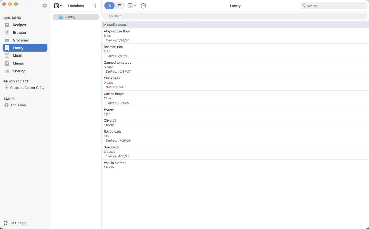 The pantry on the Mac: locations in the middle column, items with quantities and expiry dates on the right, one out of stock, and the add item field, sort, actions and search above them.