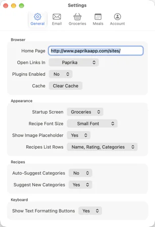 The Settings window on the Mac, on the General tab: the tabs across the top, then the Browser, Appearance, Recipes and Keyboard groups.