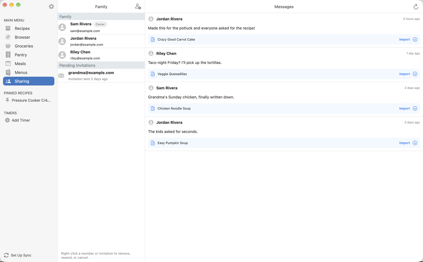 The Sharing screen on the Mac: family members and a pending invitation in the middle column, and messages with recipes to import on the right.