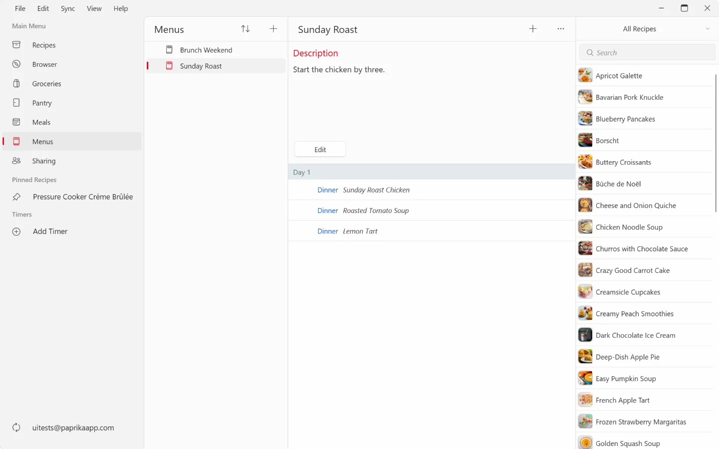 The menus section on Windows: the menus in the middle column with Sunday Roast selected, its description and Day 1 items in the middle, and the recipes sidebar on the right.