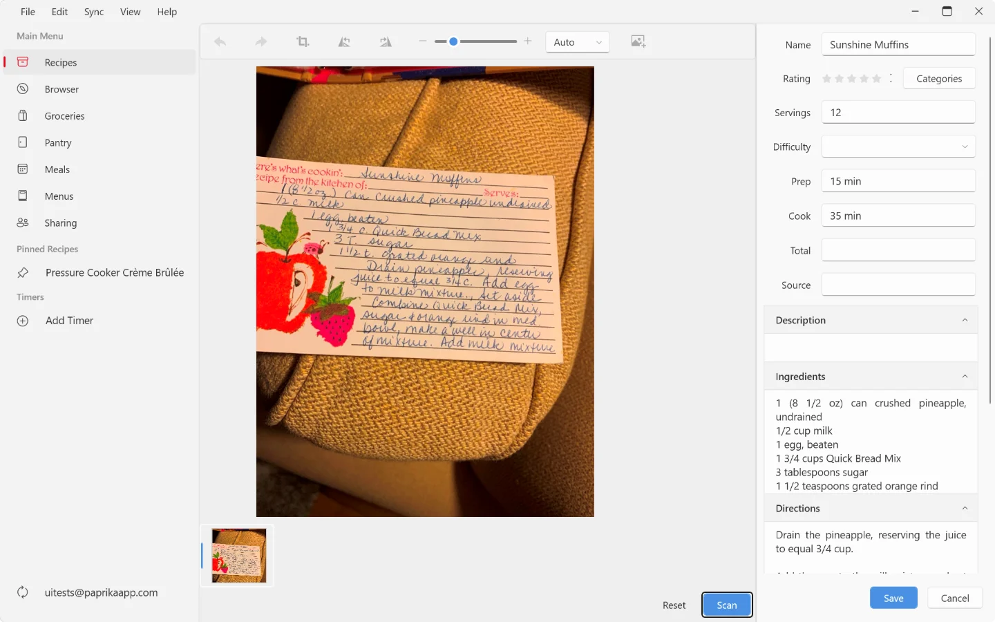 Scanning a handwritten recipe card on Windows: the photo with its editing tools in the middle, the Scan button below it, and the recipe fields filled in on the right.