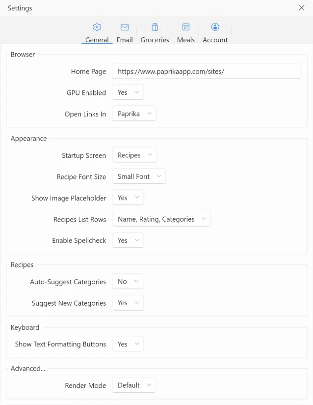 The Settings window on Windows, on the General tab: the tabs across the top, then the Browser, Appearance, Recipes, Keyboard and Advanced groups.