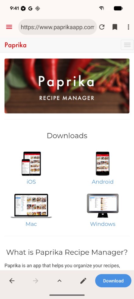 The built-in browser on Android showing a web page: the address bar, reload and bookmarks buttons at the top, and the back, forward, clipboard tools and edit clipboard recipe buttons and the Download button at the bottom.
