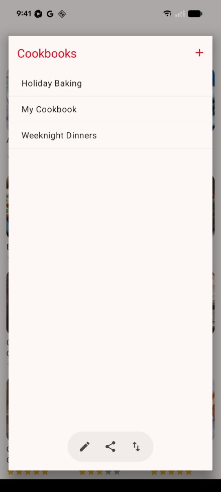 The Cookbooks picker on Android: the add button beside the title, three cookbooks listed below it, and the edit, share and sort buttons at the bottom.