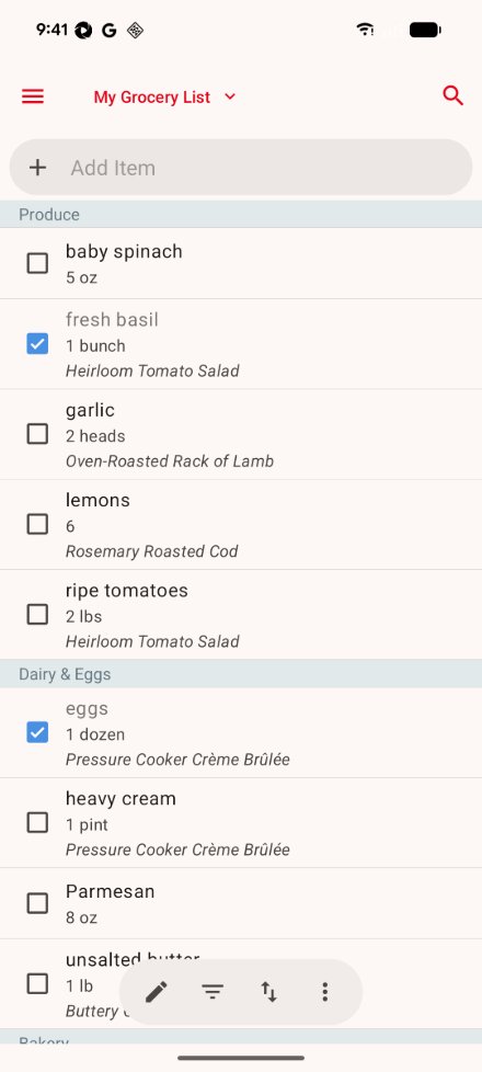 The grocery list on Android: the current list name and search button at the top, the add item field, items sorted by aisle with their quantities and recipes, two checked off, and the edit, filter, sort and actions buttons at the bottom.