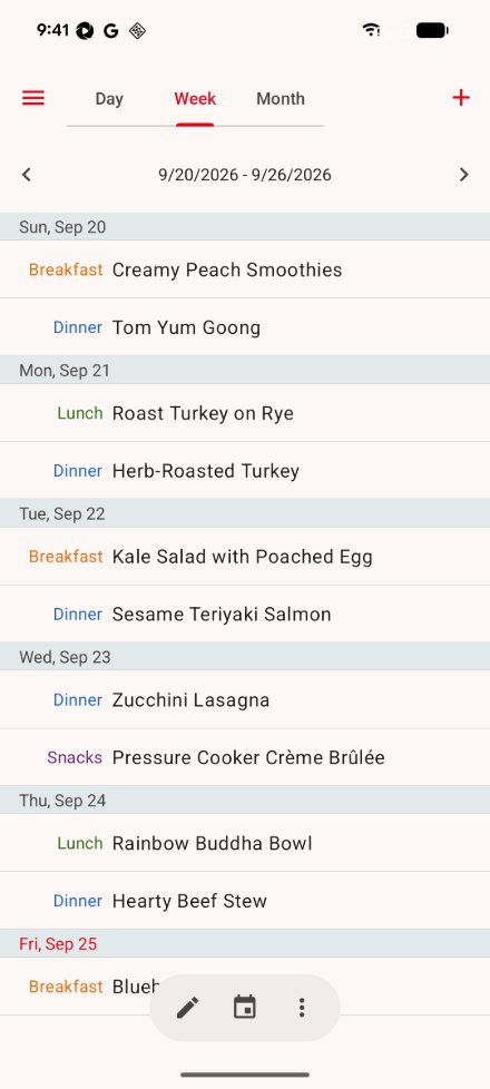 The meal planner on Android in week view: the Day, Week and Month tabs and add button at the top, the week navigation, meals grouped by day with their meal type, and the select, today and actions buttons at the bottom.