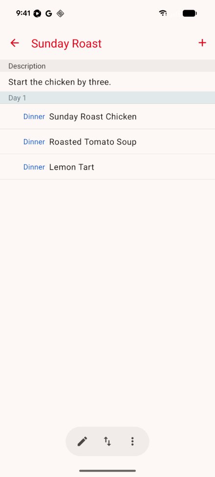 A menu open on Android: its description, then Day 1 with three dinner items, the add button at the top, and the edit, sort and actions buttons at the bottom.