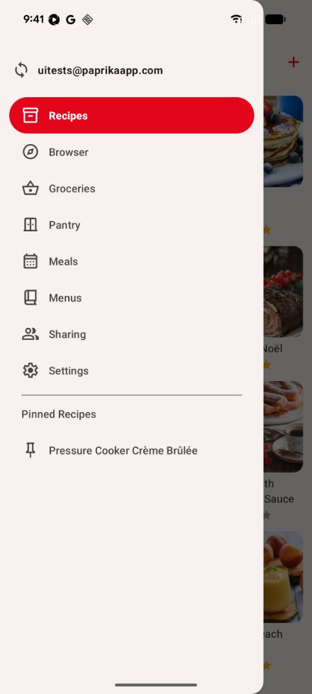 The Main Menu open on Android: the sync button and account at the top, the Recipes, Browser, Groceries, Pantry, Meals, Menus, Sharing and Settings rows with Recipes selected, and a pinned recipe below them.