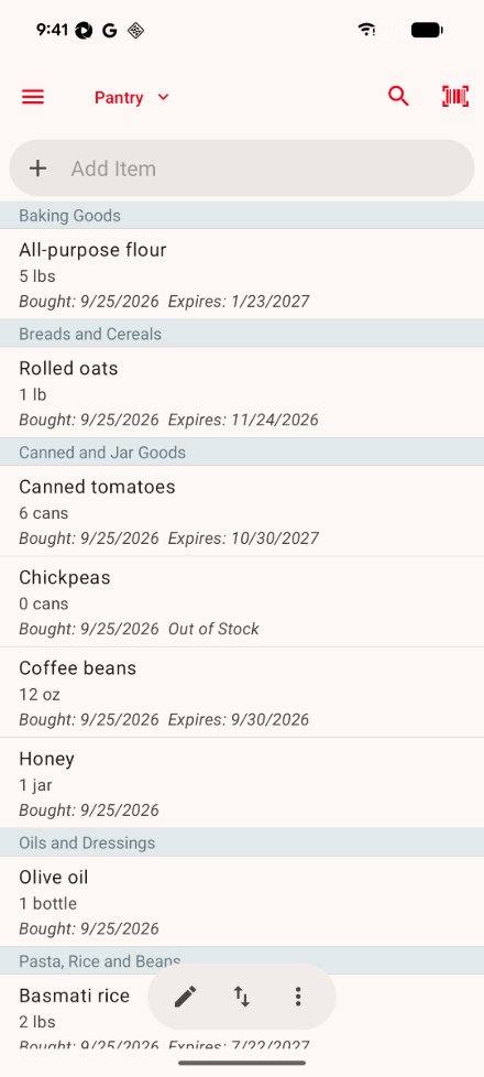 The pantry on Android: the location picker, search and barcode buttons at the top, the add item field, items grouped by aisle with quantities and dates, one out of stock, and the edit, sort and actions buttons at the bottom.
