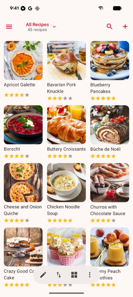 The recipes screen on Android: the All Recipes button with its recipe count, the search and add buttons at the top, the photo grid, and the edit, sort, view and actions buttons at the bottom.