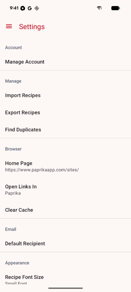 The Settings screen on Android: the menu button at the top, Manage Account under Account, Import Recipes, Export Recipes and Find Duplicates under Manage, the Browser settings, and Email.