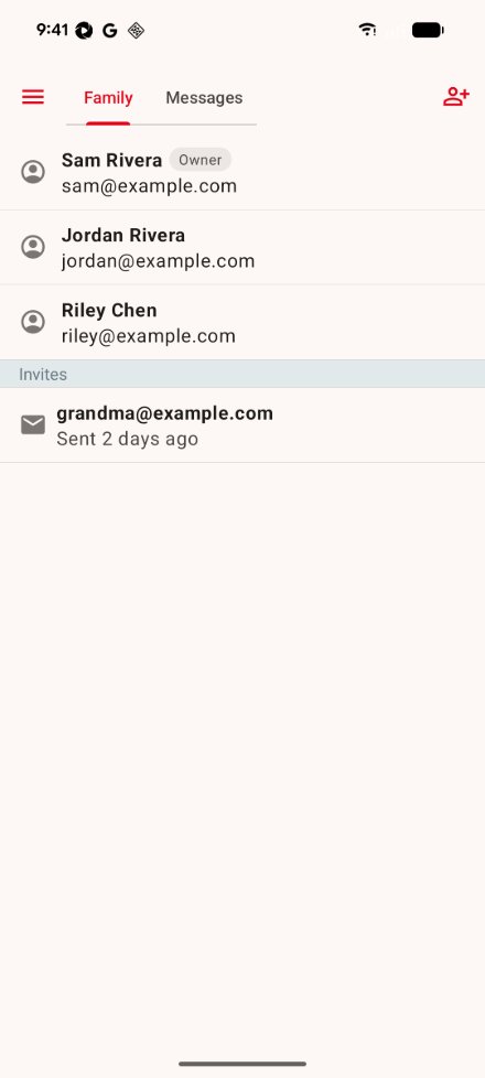 The Sharing screen on Android: the Family and Messages tabs and the invite button at the top, three family members with the owner first, and a pending invitation under Invites.