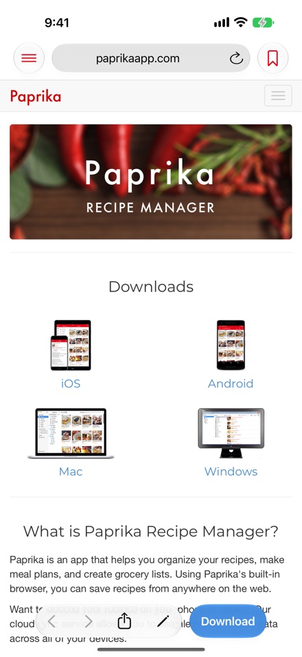 The built-in browser on iPhone showing a web page: the address bar and bookmarks button at the top, and the back, forward, share and clipboard tools buttons and the Download button at the bottom.