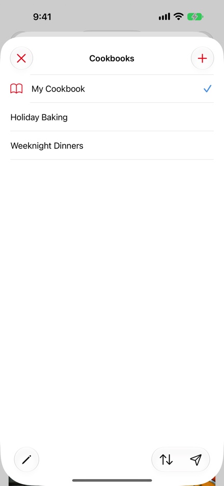 The cookbook list on iPhone, opened from the categories list: the current cookbook ticked, two more below it, the add button at the top, and the edit, sort and share buttons at the bottom.
