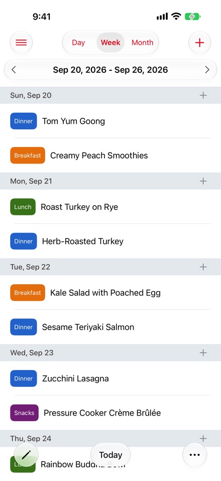 The Meals screen on iPhone in week view: the Day, Week and Month switch and add button at the top, the week navigation, meals grouped by day with their type, and the actions menu at the bottom.