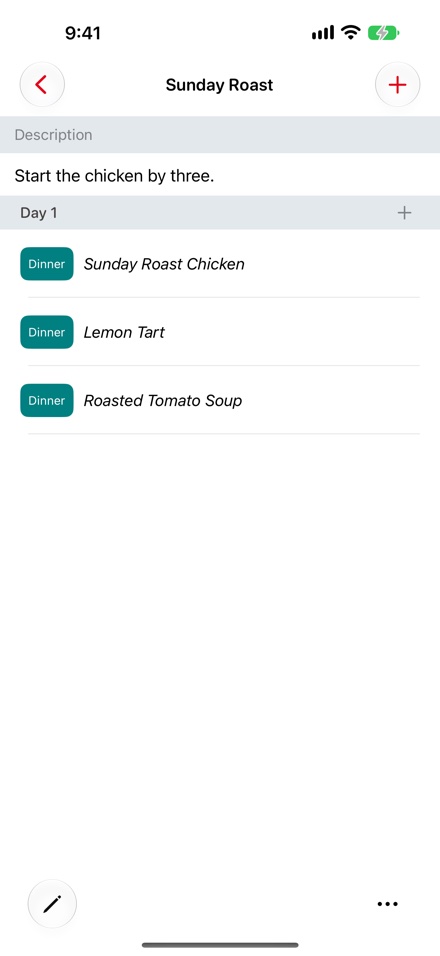 A menu open on iPhone: its description, then Day 1 with three dinner items, the add button at the top, and the edit button and actions menu at the bottom.