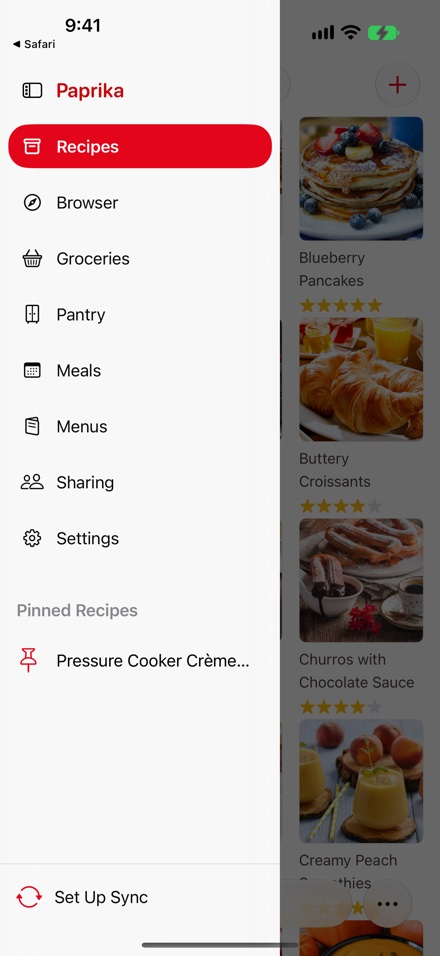 The Main Menu open on iPhone: the Recipes, Browser, Groceries, Pantry, Meals, Menus, Sharing and Settings rows with Recipes selected, a pinned recipe below them, and Set Up Sync at the bottom.