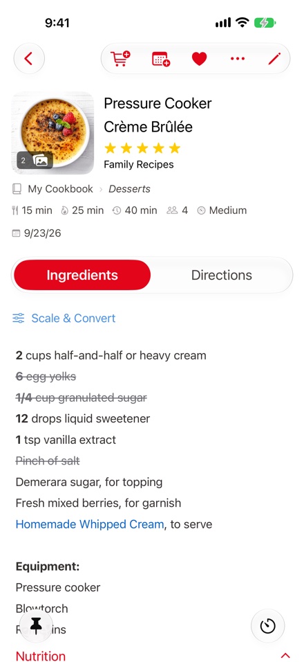 A recipe open on iPhone: the toolbar at the top, the photo, details and date, the Ingredients and Directions switch, Scale & Convert, ingredients with some crossed off, and the pin and timer buttons at the bottom.