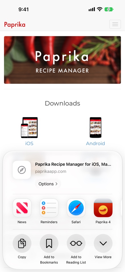 Safari's share sheet on iPhone over paprikaapp.com, with Paprika 4 in the row of apps beside News, Reminders and Safari.