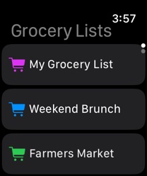 Paprika on Apple Watch: the Grocery Lists screen with My Grocery List, Weekend Brunch and Farmers Market.