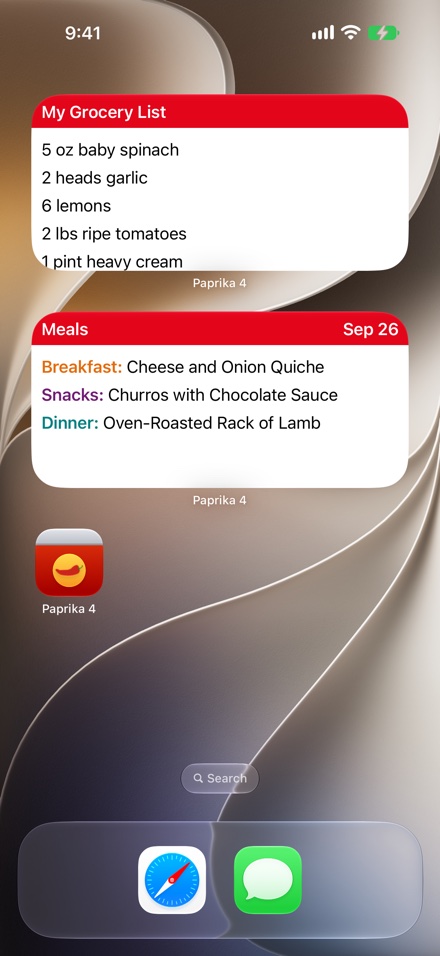 The iPhone Home Screen with two medium Paprika widgets: My Grocery List with its items, and today's meals.