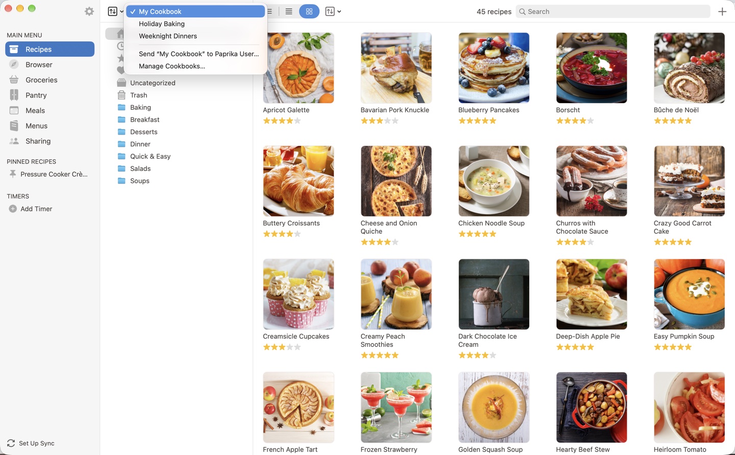 The cookbook switcher on the Mac, open over the categories pane: the current cookbook ticked, two more below it, then Send and Manage Cookbooks.