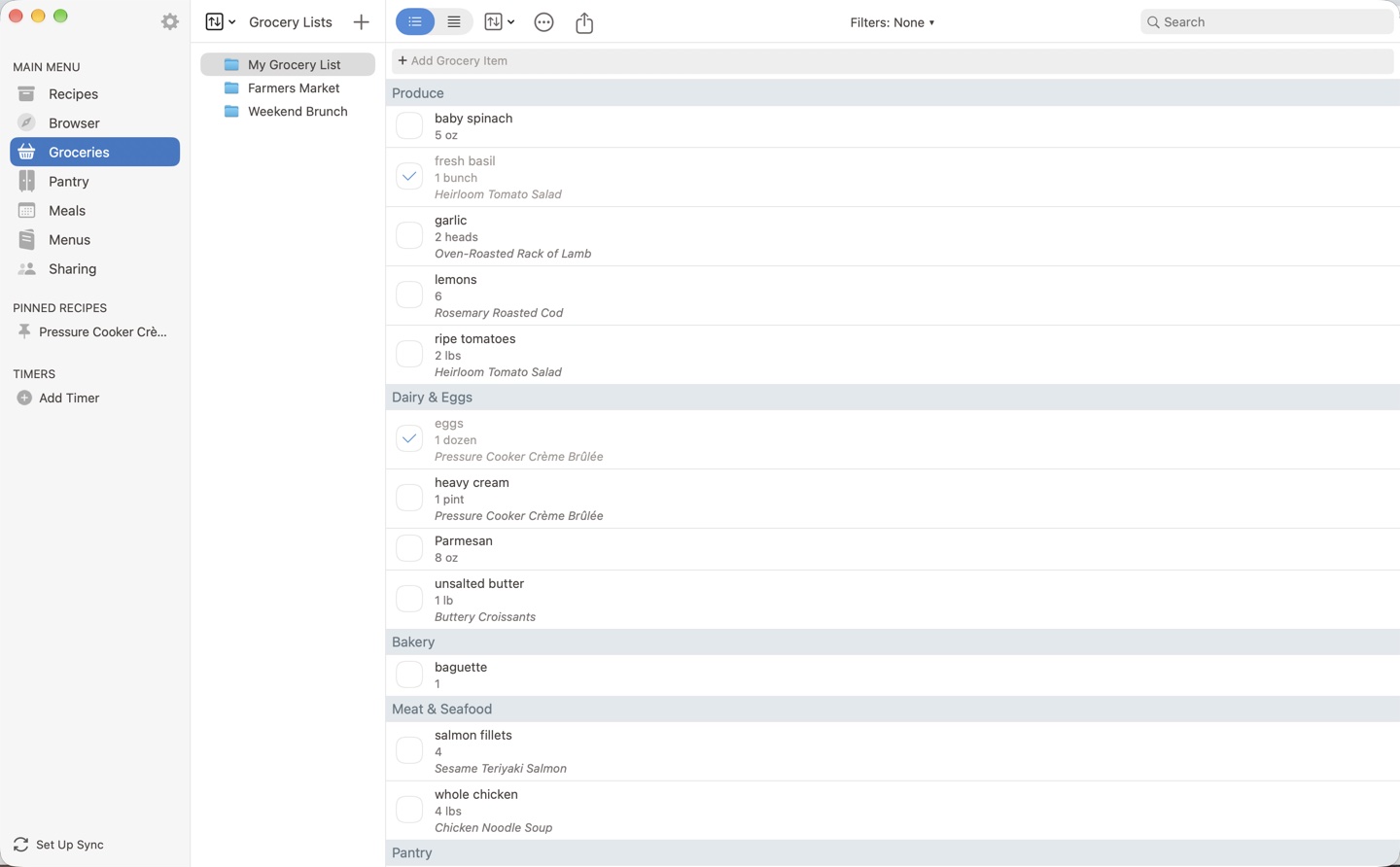 The Groceries screen on the Mac: grocery lists in the middle column, the list sorted by aisle on the right with some items checked off, and the add item field, filters and search above it.
