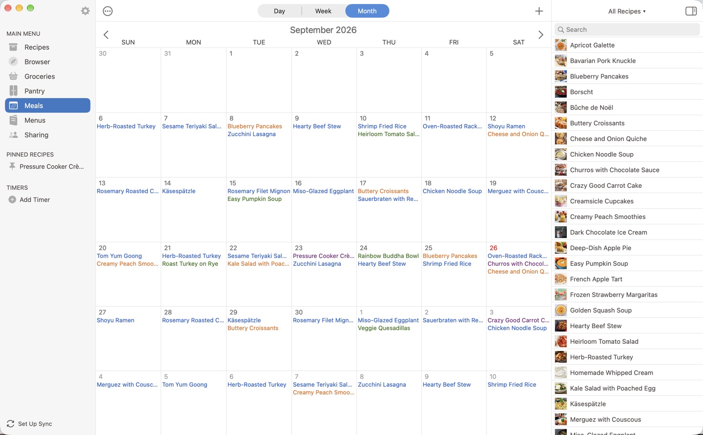 The Meals screen on the Mac: the month view in the middle, the Day, Week and Month switch above it, and the recipes sidebar on the right.