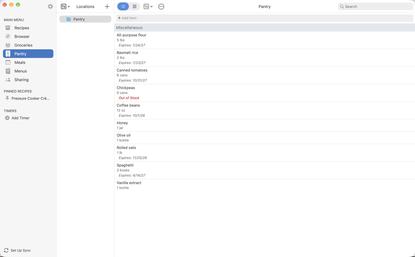 The pantry on the Mac: locations in the middle column, items with quantities and expiry dates on the right, one out of stock, and the add item field, sort, actions and search above them.