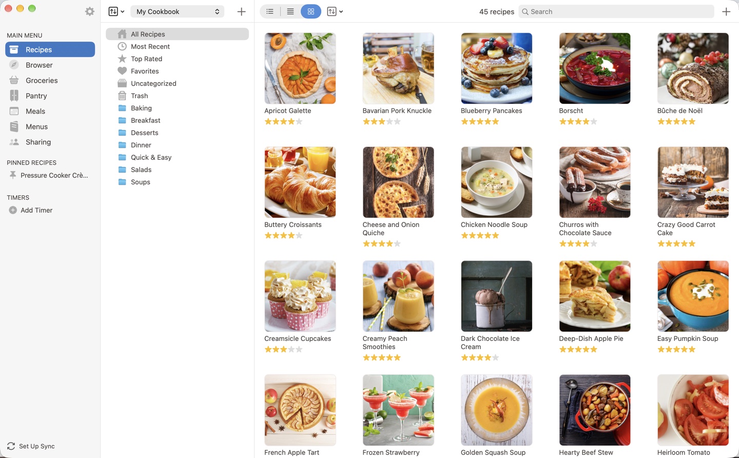 The Recipes screen on the Mac: categories in the middle column, the recipe grid on the right, and the view toggle, sort button, search field and add button in the toolbar.