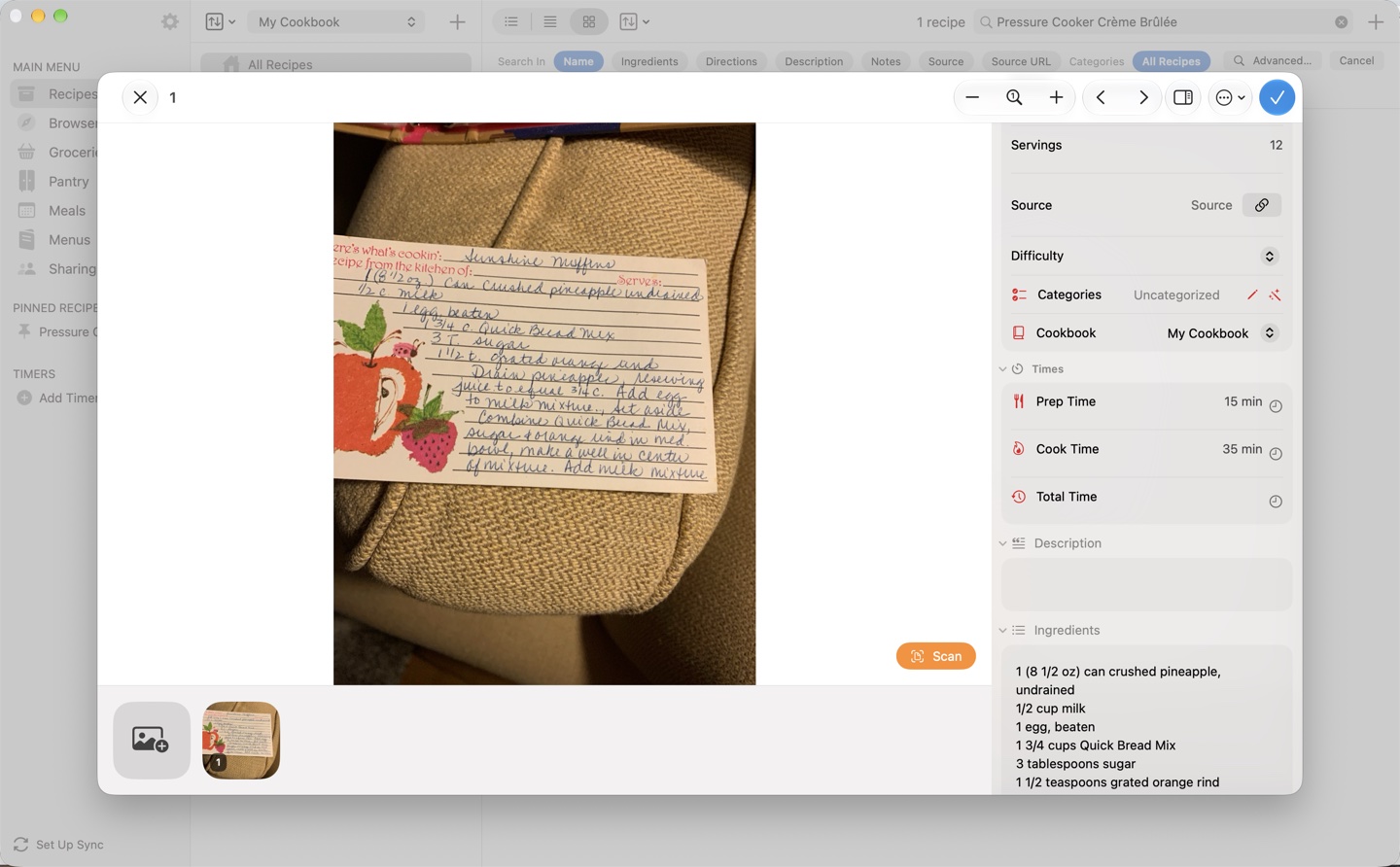 Scanning a handwritten recipe card on the Mac: the photo in the middle, the Scan button over it, and the recipe fields filling in on the right.