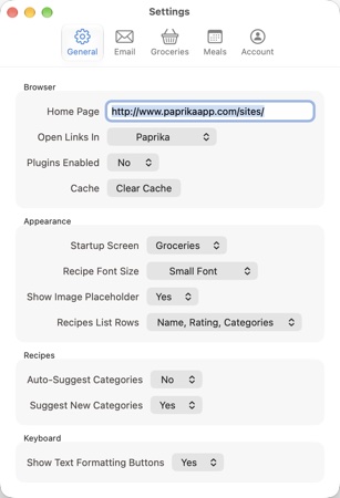 The Settings window on the Mac, on the General tab: the tabs across the top, then the Browser, Appearance, Recipes and Keyboard groups.