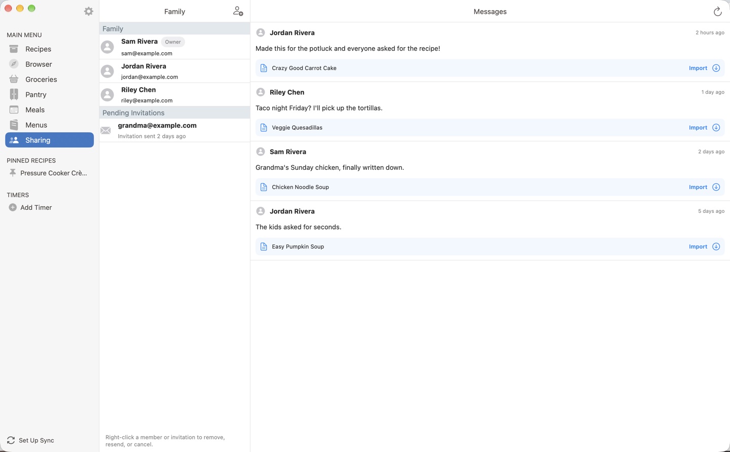 The Sharing screen on the Mac: family members and a pending invitation in the middle column, and messages with recipes to import on the right.