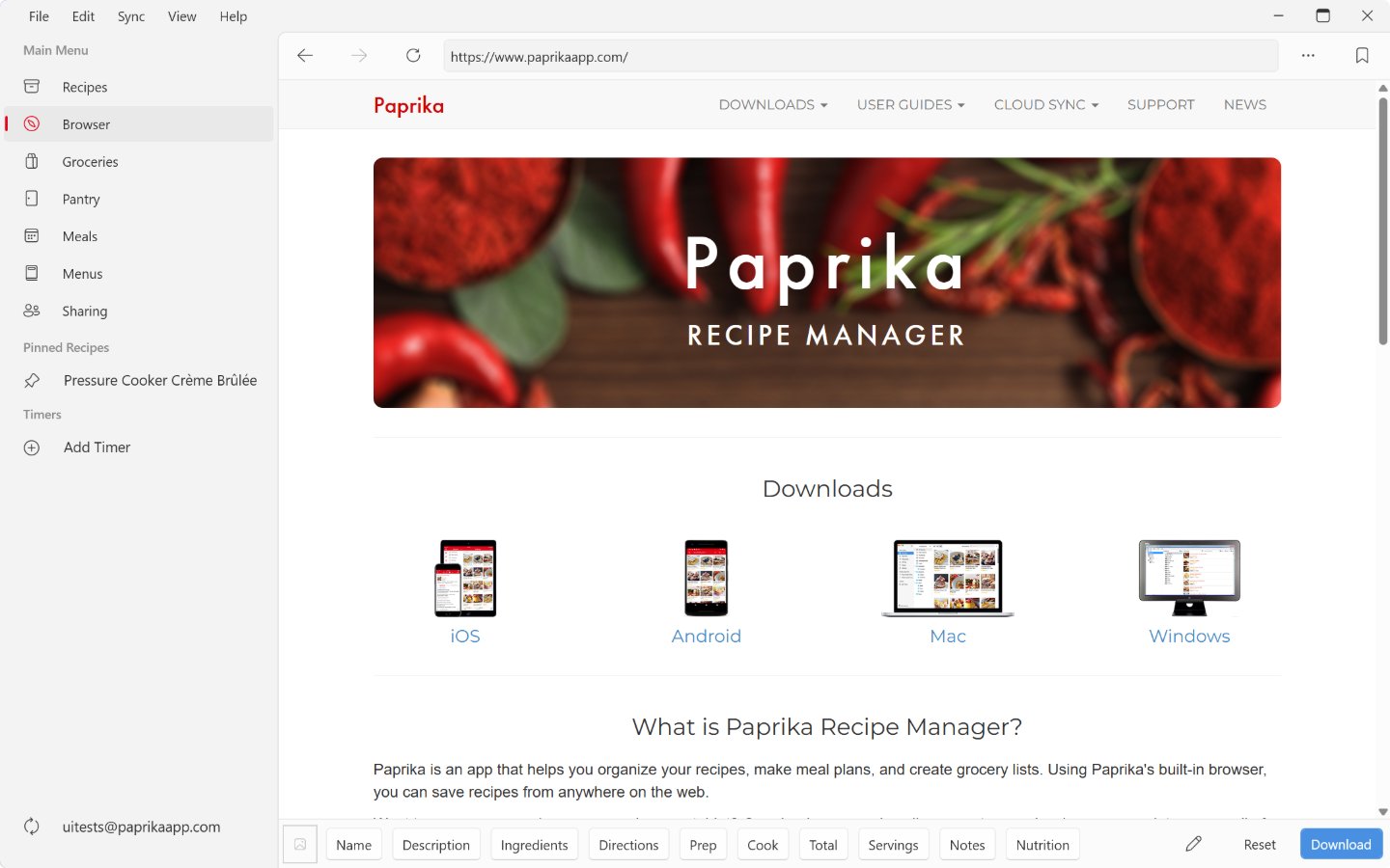 The built-in browser on Windows showing the Paprika website: back, forward, reload, the address bar and the bookmarks button in the upper toolbar, and the photo well, field buttons, edit, Reset and Download buttons in the clipboard toolbar at the bottom.