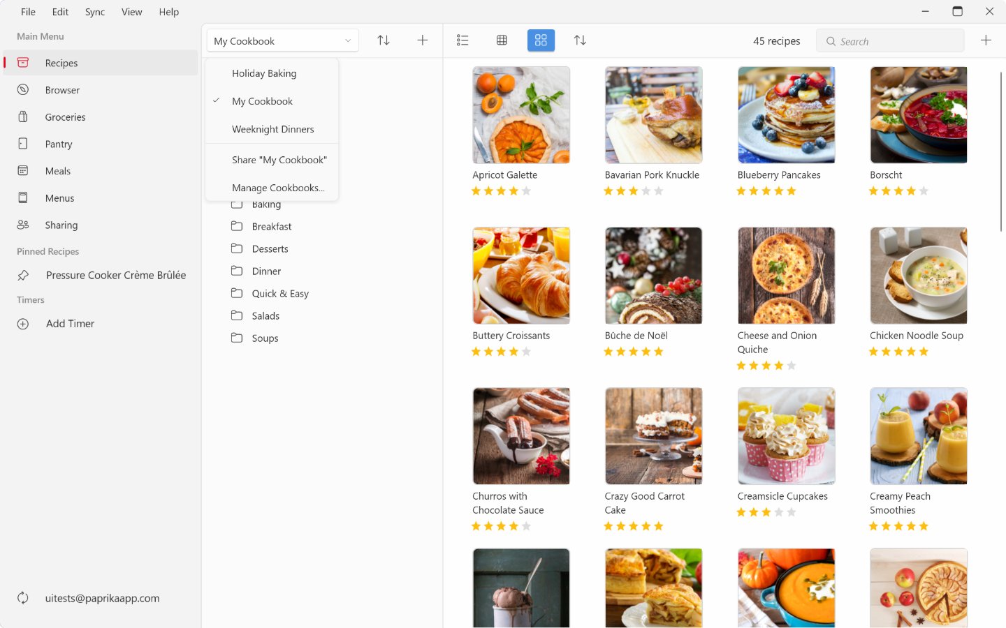 The cookbook menu on Windows, open below the cookbook picker over the categories pane: the current cookbook ticked among three, then Share "My Cookbook" and Manage Cookbooks.