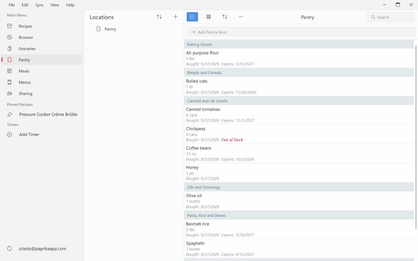 The pantry on Windows: locations in the middle column, items grouped by aisle on the right with quantities and purchase and expiry dates, one out of stock, and the add pantry item field, sort, actions and search above them.