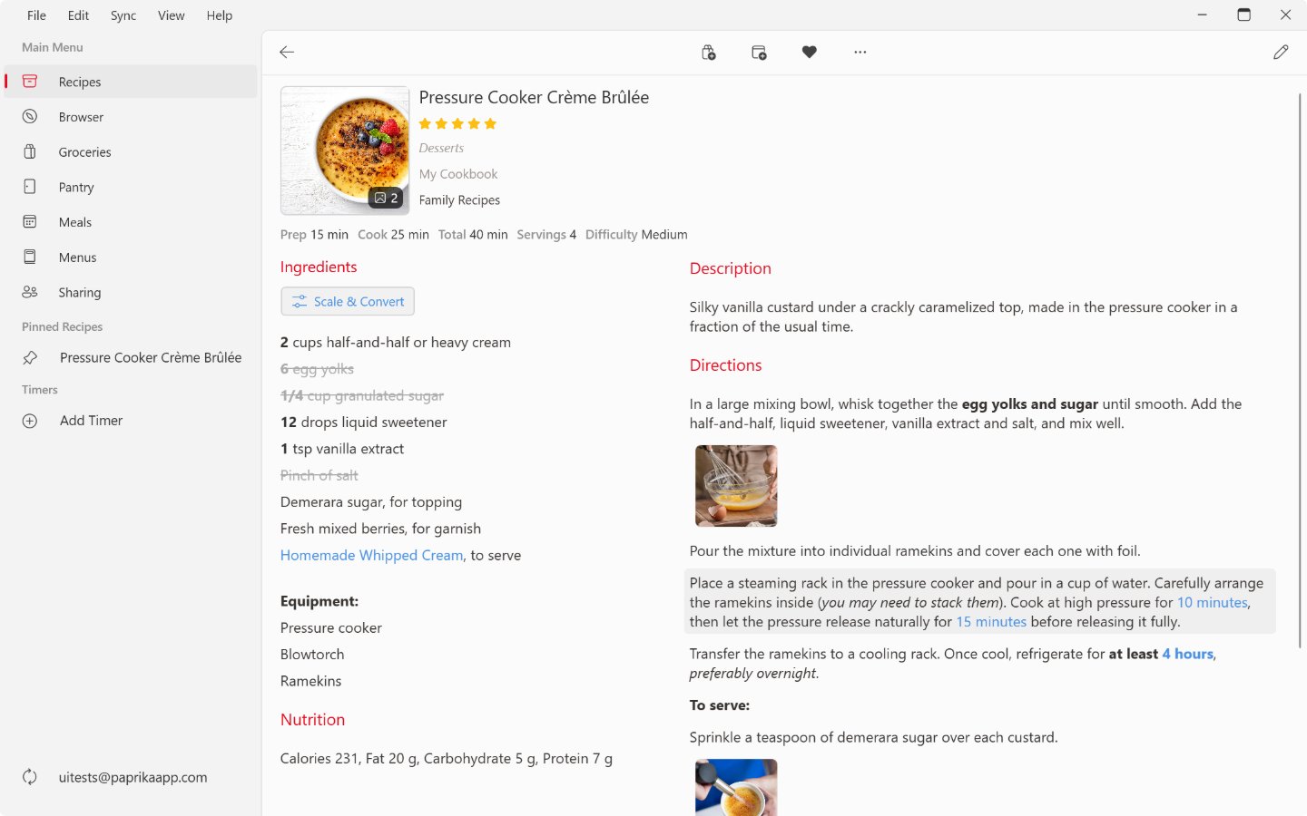 A recipe open on Windows: the photo and details at the top, ingredients on the left with two crossed off, the description and directions on the right with one step highlighted, and the recipe toolbar above.