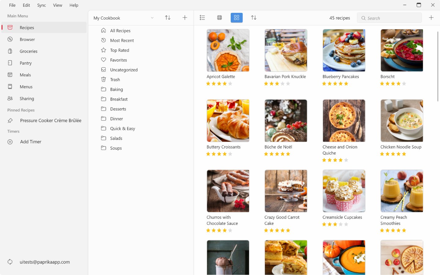 The recipes screen on Windows: the cookbook picker and categories in the middle column, the recipe grid on the right, and the view toggle, sort button, search box and add button in the toolbar.