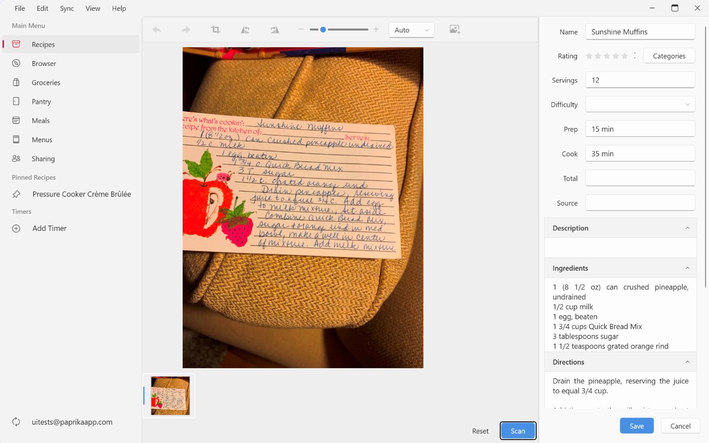 Scanning a handwritten recipe card on Windows: the photo with its editing tools in the middle, the Scan button below it, and the recipe fields filled in on the right.