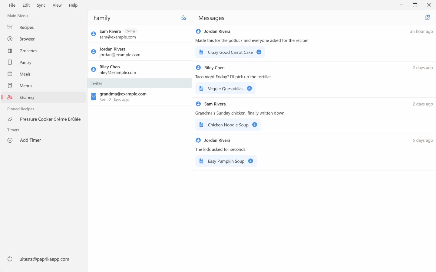 The Sharing section on Windows: family members and a pending invitation in the Family pane, and messages with attached recipes in the Messages pane.